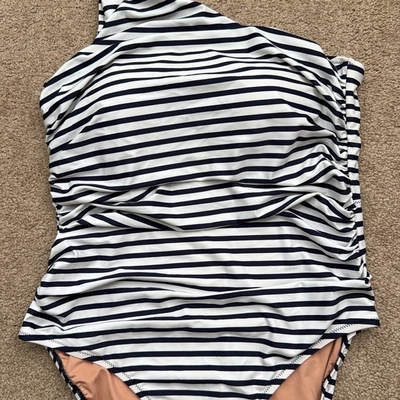 J Crew Sleek Ruched One Shoulder Dark Evening Stripe One Piece Swimsuit Size 14 - Picture 4 of 10